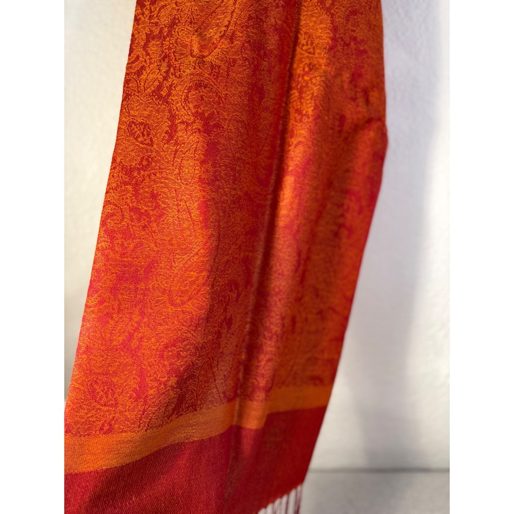 Pashmina Cashmere Silk Paisley Scarf Shawl Wrap Orange Red Made in Italy 27x74 - Picture 7 of 10